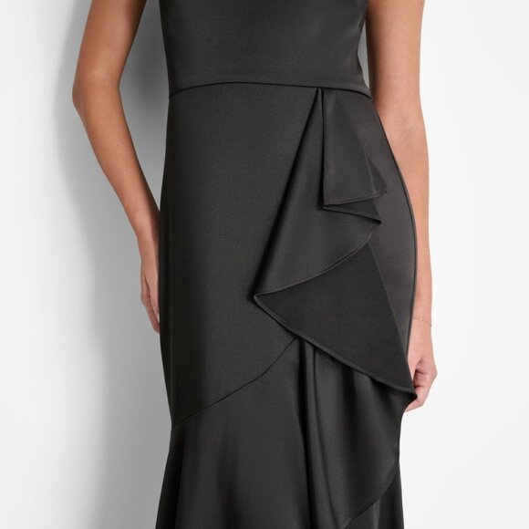 DKNY Women's Mesh-Yoke Cascading-Ruffle Evening Gown - Black NWT Size 14 - Picture 3 of 7